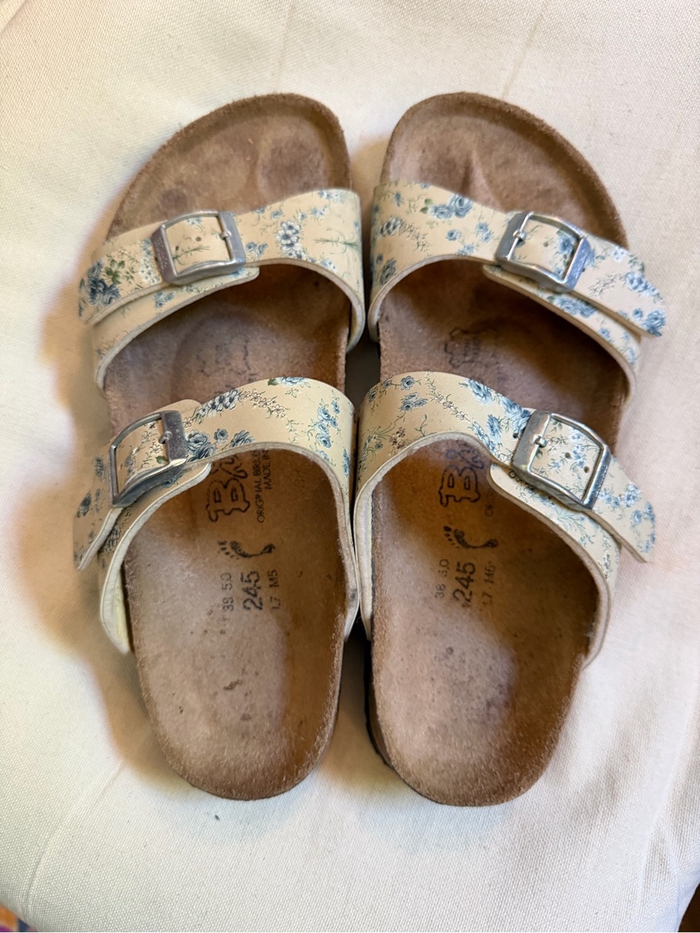 Birkenstocks Double Strap Floral Sandals in Cream and Blue